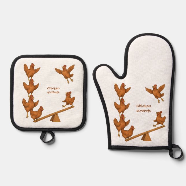Chirpy Chickens acrobat squad Oven Mitt & Pot Holder Set (Front)