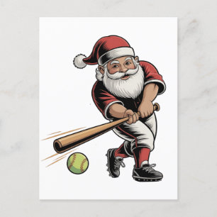 Chirstmas Softball Playing Santa Claus Sport  Announcement Postcard