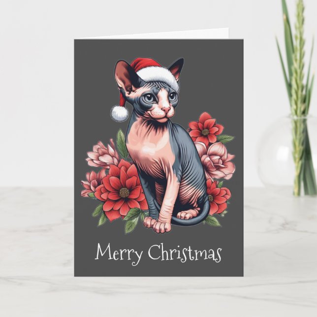 Chistmas Card | Sphynx Cat Wearing a Santa Hat (Front)