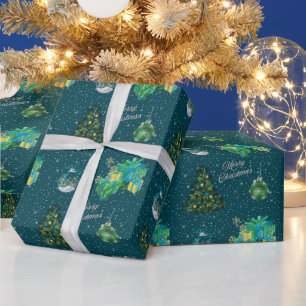 Chistmas tree, ornaments and gifts green colour wrapping paper