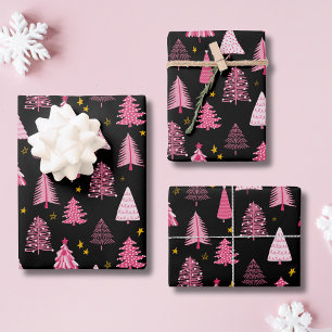 Chistmas Tree Woodland Pink Black Wrapping Paper Sheet