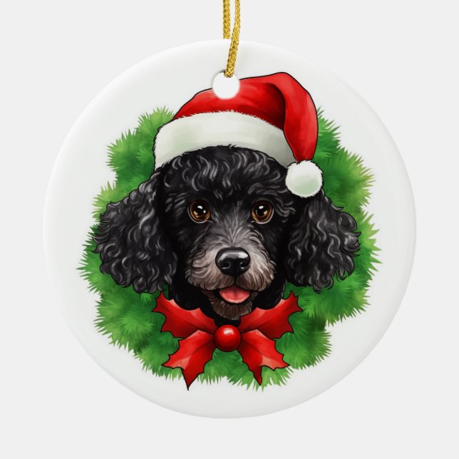 Chistmas Wreath Black Poodle Ceramic Tree Decoration (Front)
