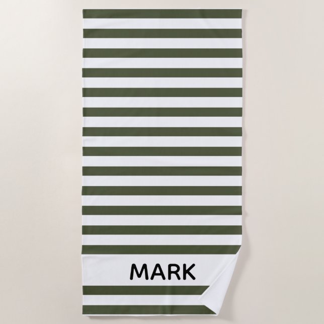 Chive Green And White Striped Personalized Beach Towel (Front)