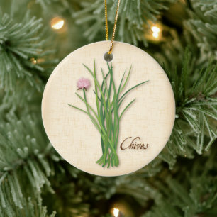 Chives Herb, Pink Flowers Ceramic Tree Decoration