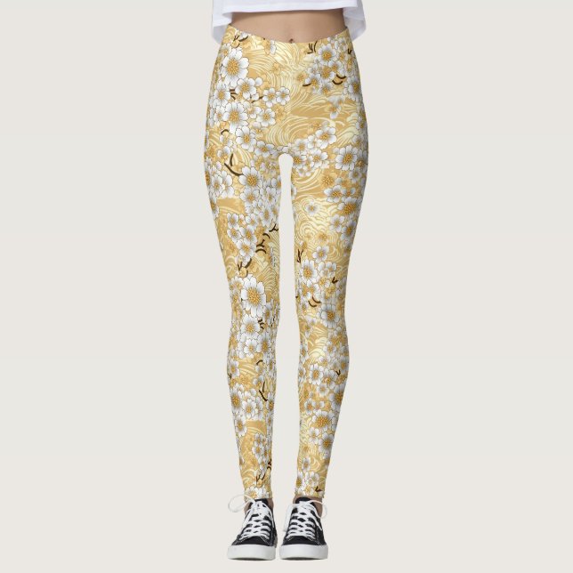 Chiyogami Plum Blossom Floral Pattern Leggings (Front)