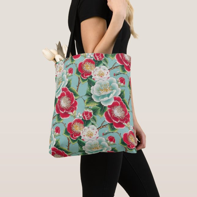 Chiyogami Red and White Camellias Pattern Tote Bag (Close Up)