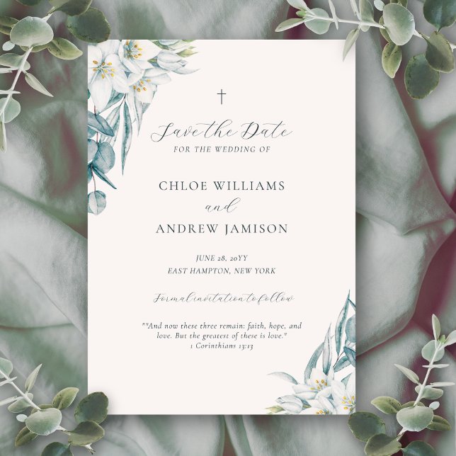 Chloe Simple Elegant Greenery Christian Wedding Save The Date (This Christian save the date wedding invitation features an elegant, minimalist, clean design)