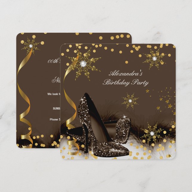 Choc Gold Brown Black High Heels Birthday Party Invitation (Front/Back)