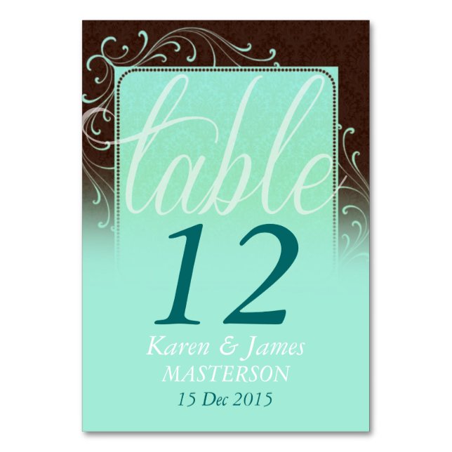 Choc Mint Damask Dream Wedding Table Number Card (Front)