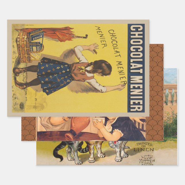 Chocolat Menier Little Girl Wall Writing  Wrapping Paper Sheet (Set)