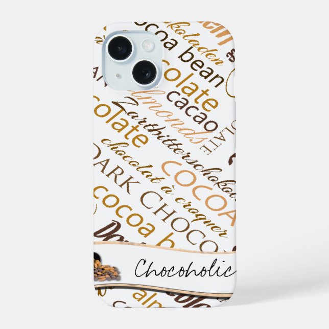 Chocolate, Almonds and Dark Chocolate Text Design iPhone 15 Case (Back)