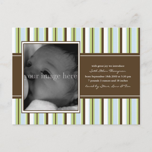 Chocolate and Blue Stripe Baby Announcement (Front)