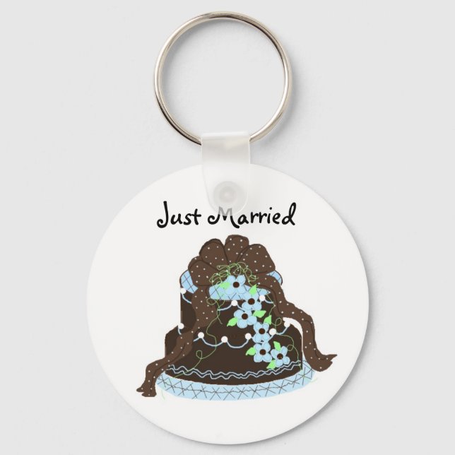 Chocolate and  Blue Wedding Cake - Just Married Key Ring (Front)