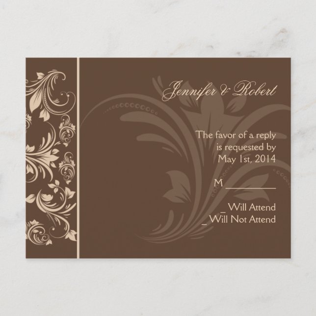 Chocolate and Cream Floral Scroll RSVP Postcard (Front)