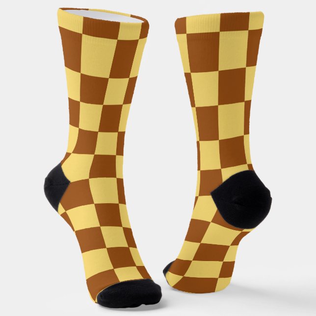 Chocolate and Gold Squares Funky Socks (Angled)