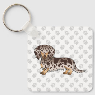 Chocolate And Tan Dapple Long Hair Dachshund Dog Key Ring