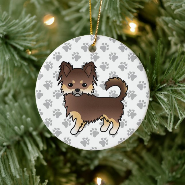 Chocolate And Tan Long Coat Chihuahua Dog & Paws Ceramic Tree Decoration (Tree)