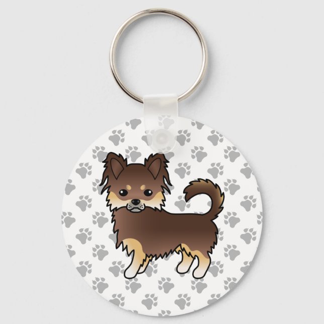 Chocolate And Tan Long Coat Chihuahua Dog & Paws Key Ring (Front)