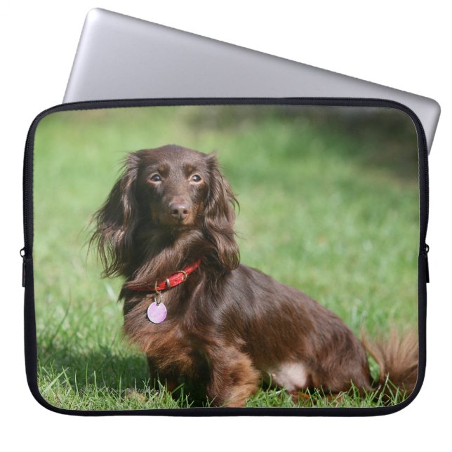 Chocolate and Tan Long-haired Miniature Dachshund Laptop Sleeve (Front)
