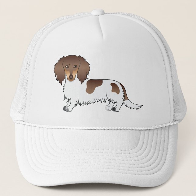 Chocolate And Tan Piebald Long Hair Dachshund Dog Trucker Hat (Front)