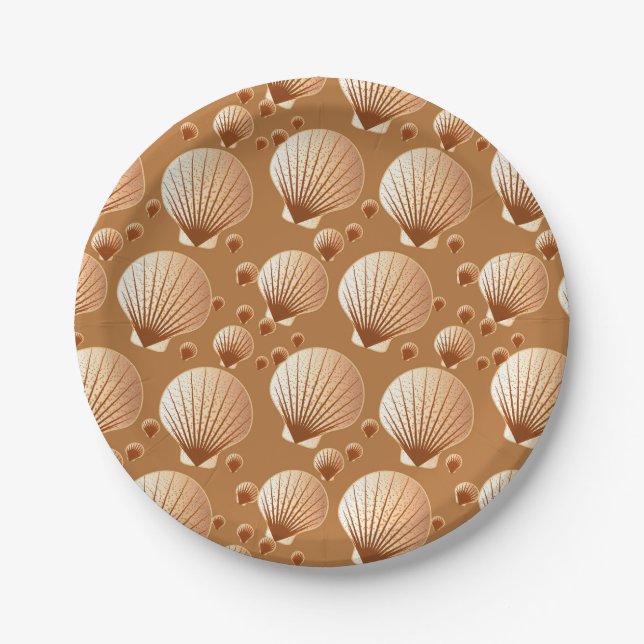 Chocolate and tan seashells on cocoa brown paper plate (Front)