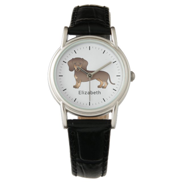 Chocolate And Tan Short Hair Dachshund & Name Watch (Front)