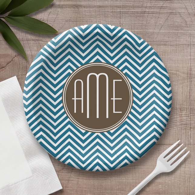 Chocolate and Teal Chevron Pattern with Monogram Paper Plate (Personalized birthday plate with monogram)