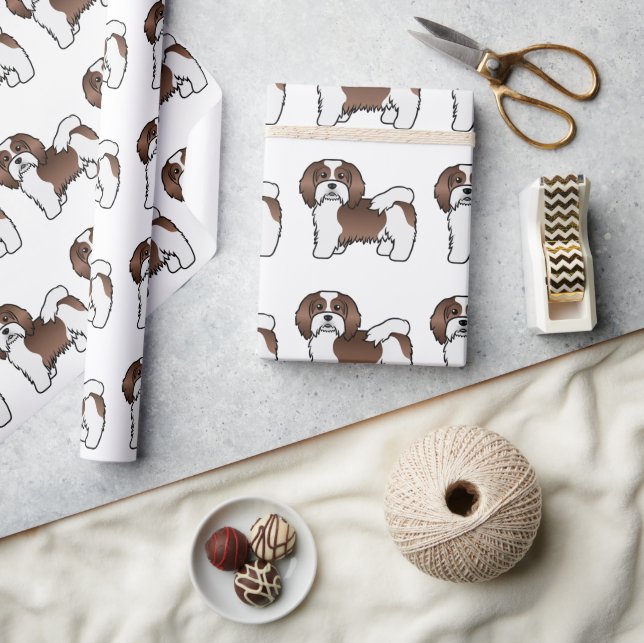 Chocolate And White Havanese Cartoon Dog Pattern Wrapping Paper (Crafts)
