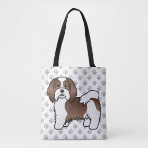 Chocolate And White Havanese Cartoon Dog & Paws Tote Bag