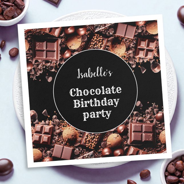 Chocolate Birthday Party Dark Custom Text Name Napkin (Chocolate Birthday Party Dark Custom Text Name Napkins)