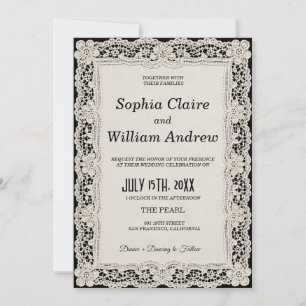 Chocolate Black Lace Old Money Wedding Invitation