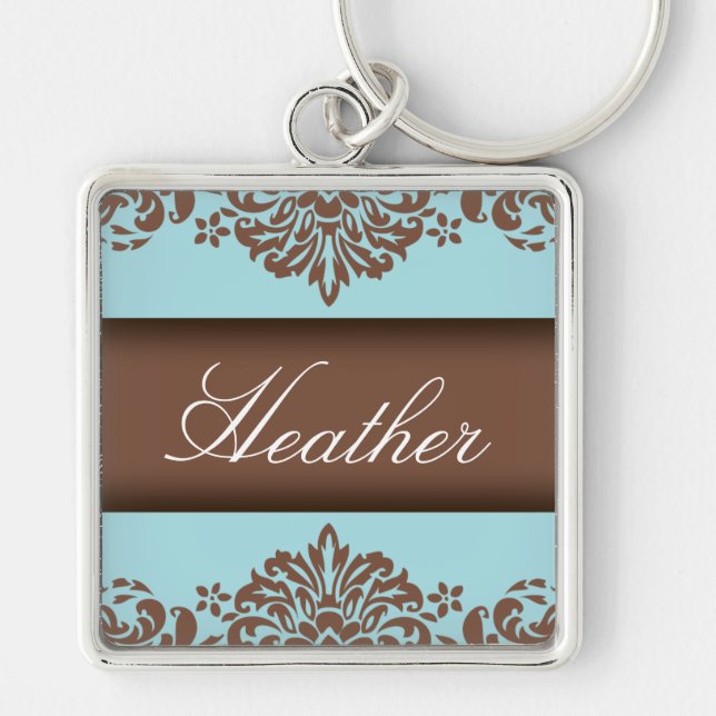 Chocolate & Blue Damask Keychain (Front)