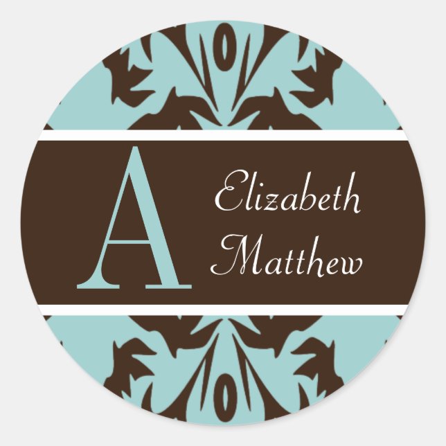 Chocolate Blue Damask Last and First Name Sticker (Front)