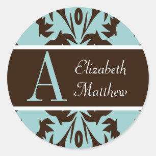 Chocolate Blue Damask Last and First Name Sticker