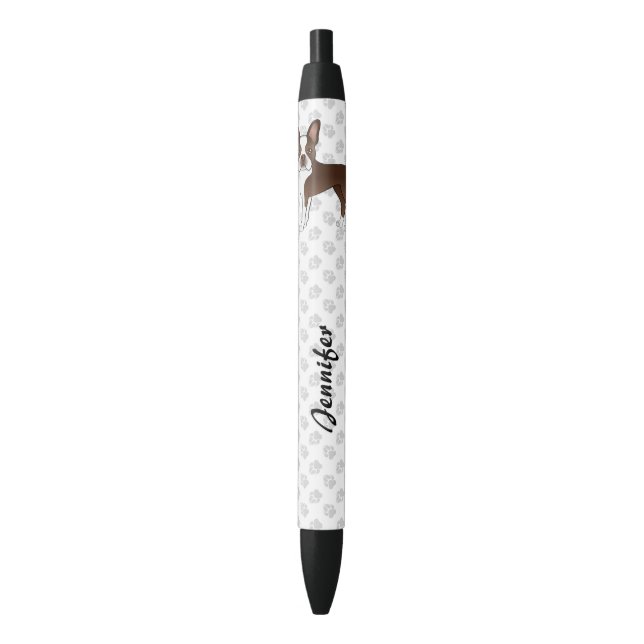 Chocolate Boston Terrier Cute Cartoon Dog & Name Black Ink Pen (Front Vertical)