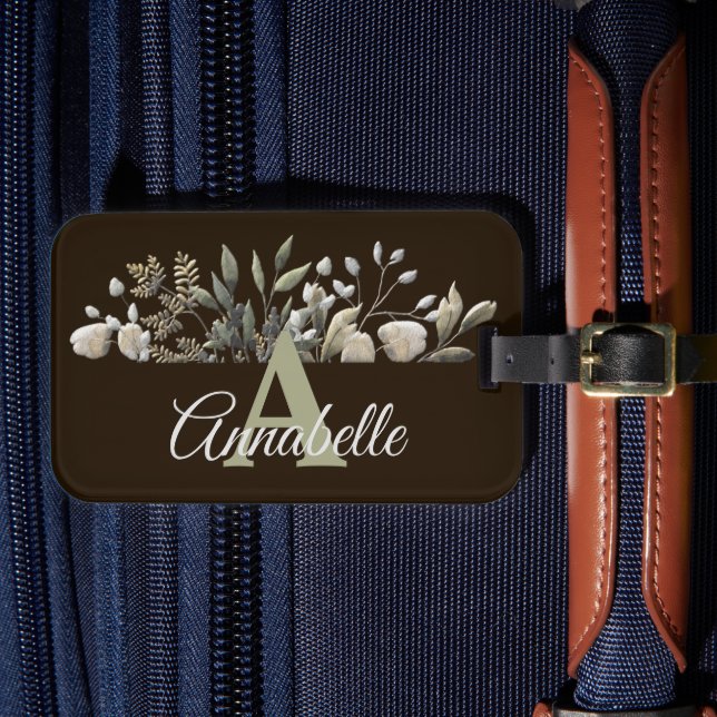 Chocolate Botanical Leaves Monogrammed Luggage Tag (Front Insitu 4)