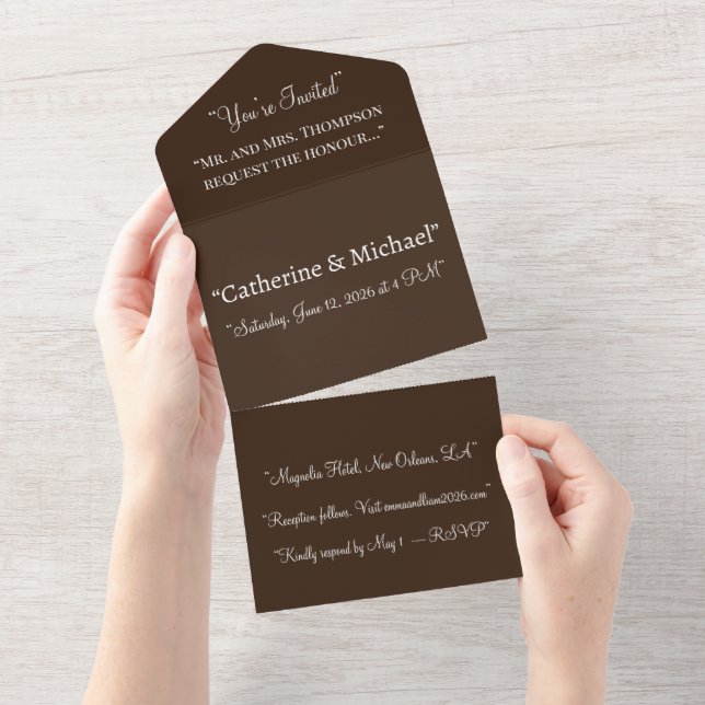 Chocolate Brown All In One Wedding Invitation (Tearaway)
