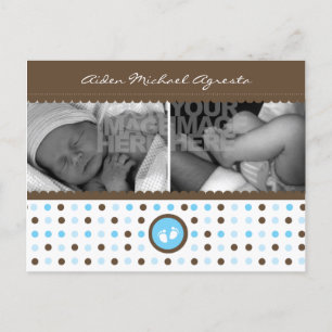 chocolate brown and blue birth announcement postcard
