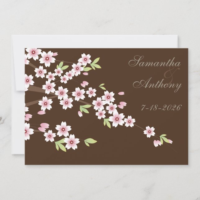 Chocolate Brown and Cherry Blossom Wedding Invitation (Front)