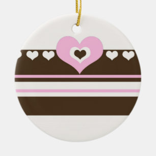 Chocolate Brown and Pink Heart Stripe Ceramic Tree Decoration