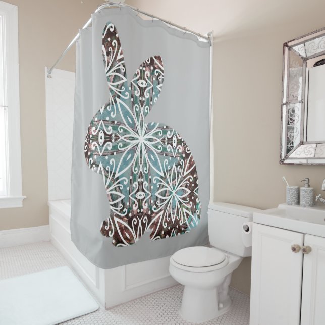 Chocolate Brown and Turquoise Blue Mandala Bunny Shower Curtain (In Situ)