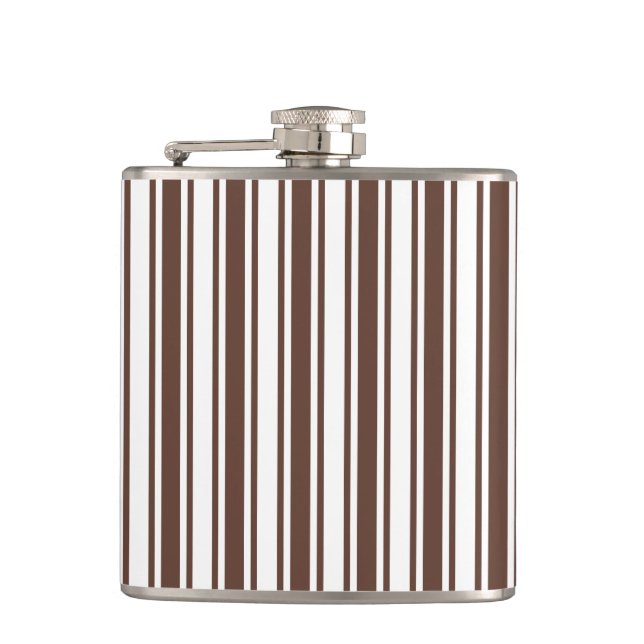 Chocolate brown and white candy stripes hip flask (Front)