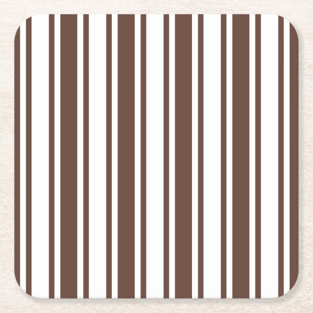Chocolate brown and white candy stripes square paper coaster (Front)