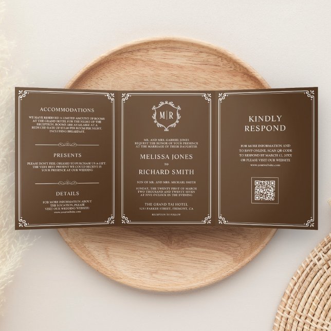 Chocolate Brown and White Monogram QR Code Wedding Tri-Fold Invitation (Creator Uploaded)