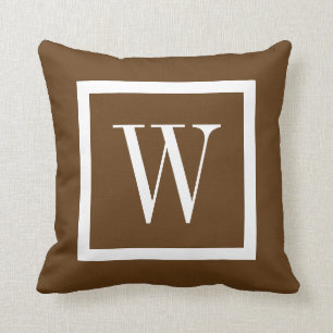 Chocolate Brown and White Preppy Square Monogram Cushion