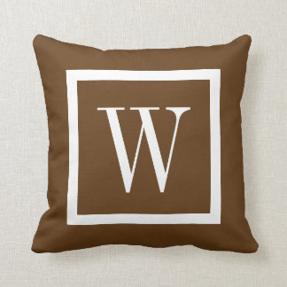 Chocolate Brown and White Preppy Square Monogram Cushion