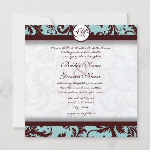 Chocolate Brown Aqua Damask Wedding Invitation