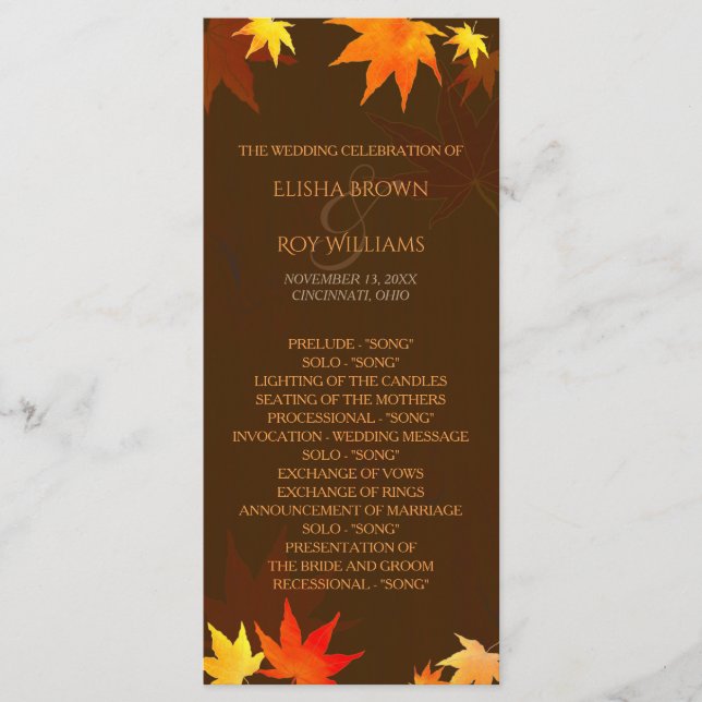 Chocolate Brown Autumn Wedding Program Programme (Front)
