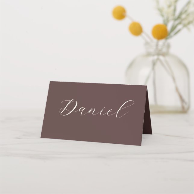 Chocolate Brown Beige Boho Wedding Script Name Place Card (Front)