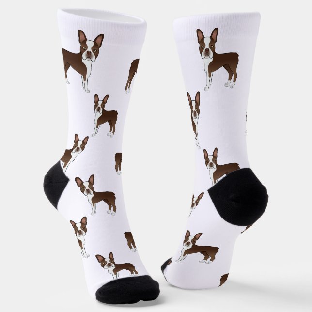 Chocolate Brown Boston Terrier Cartoon Dog Pattern Socks (Angled)